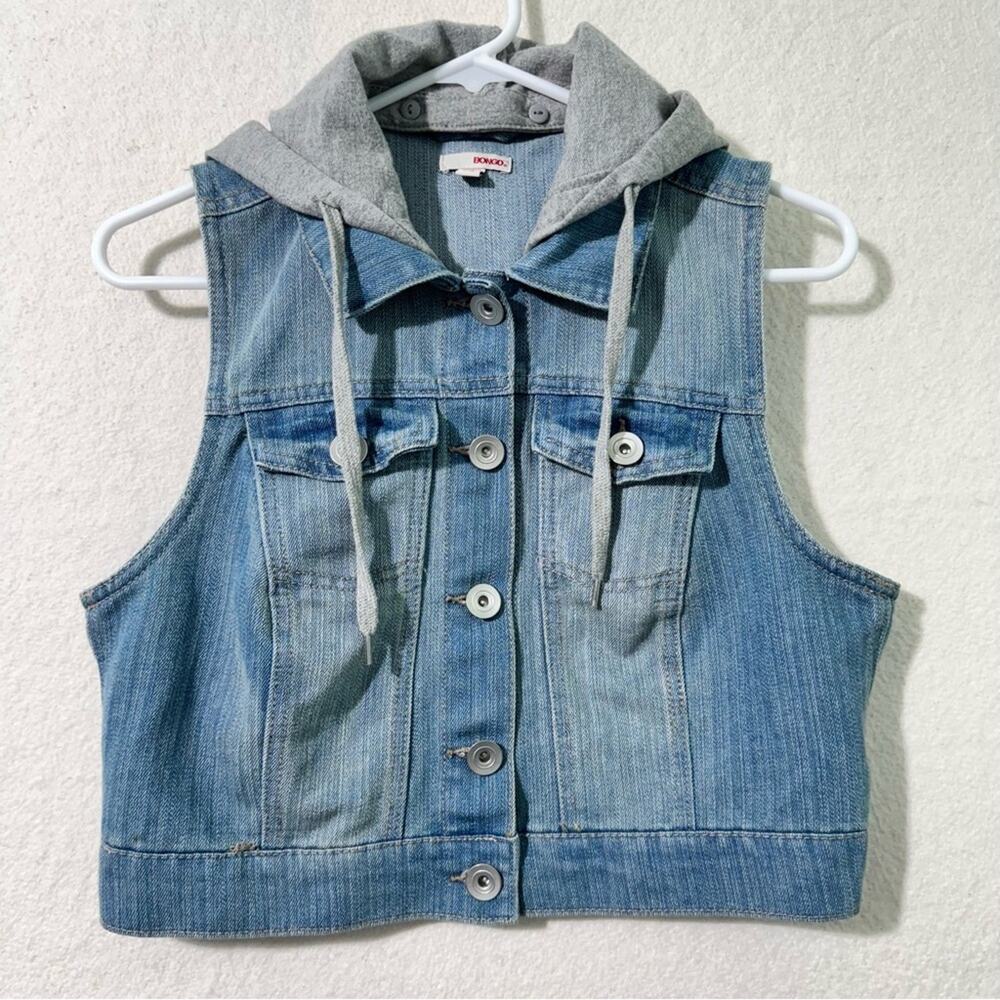 BONGO Y2K Blue Denim Button-Up Cropped Vest Detachable Gray Hood Juniors Large